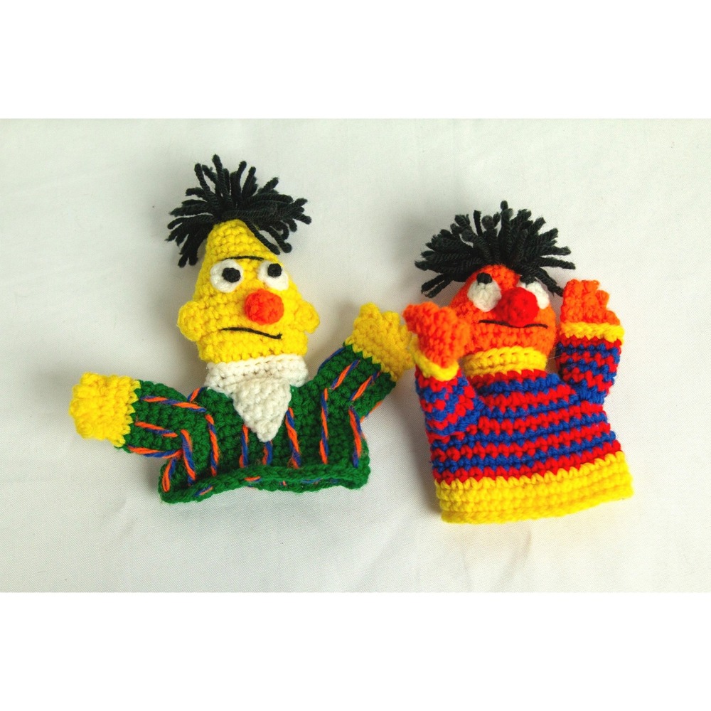 Handmade Crochet Bert and Ernie Finger Puppets Set Vintage Style Plush Toys